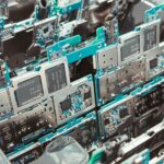 Close-up of intricate circuit boards in a Vietnamese factory, capturing modern electronics production.